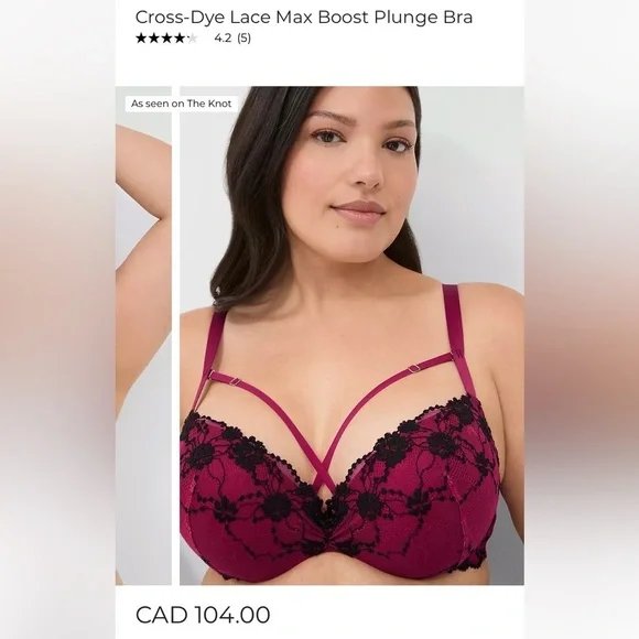 Cacique NWT Max Boost Plunge Lace Strappy Sexy Lace Bra Raspberry Black 44C - Picture 12 of 12